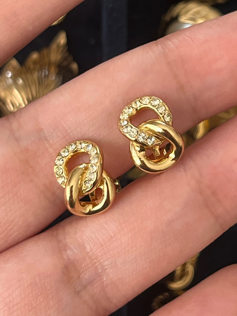 Authentic Vintage Dior Mini Interlocking Chain Rhinestone Gold Clip-On Earrings